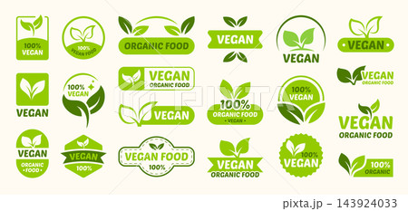 Vegan icons. Vegetarian product symbol, food friendly diet label or eco plant leaf badge. Ecology stamp sign. Green botanical emblems design, ecological produce. Vector isolated logo set 143924033