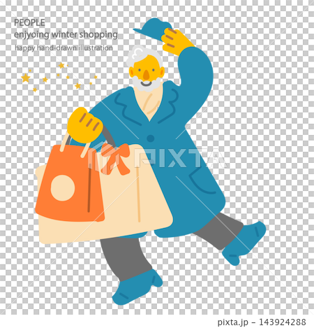 A colorful and cheerful hand-drawn flat illustration of an elderly man enjoying Christmas shopping. A colorful and cheerful hand-drawn flat illustration of an elderly man enjoying Christmas shopping. 143924288