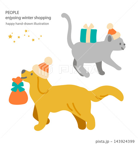 クリスマスショッピングを楽しむ猫と犬　　カラフルで楽しい手描きフラットイラスト 143924399