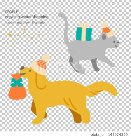 A cat and a dog enjoying Christmas shopping - a colorful and fun hand-drawn flat illustration. A cat and a dog enjoying Christmas shopping - a colorful and fun hand-drawn flat illustration. 143924399