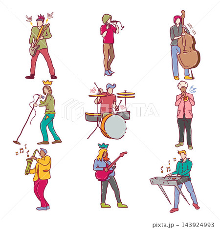 Musician Characters Playing Musical Instruments Flat Vector Illustration Set Musician Characters Playing Musical Instruments Flat Vector Illustration Set 143924993