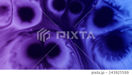 Paint spatter. Fluid spill. Blur purple blue neon color water chemical bubbles pigment drop spreading on abstract acrylic background. 143925589