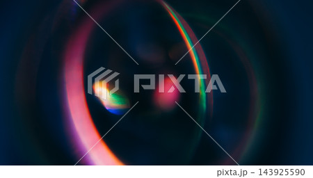 Defocused light lens. Blur luminosity. Pink green arch glowing on dark texture. Neon color bokeh flash abstract paranormal background. 143925590