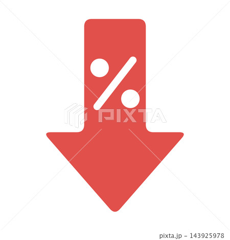 Red down arrow with percent sign for price drop, shopping clipart isolated on white background 143925978