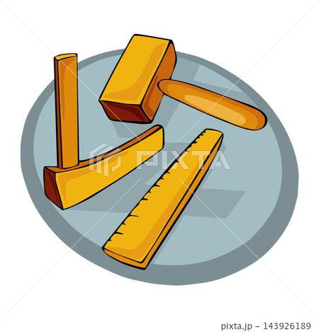 vector illustration of a hand wooden mallet hammer and ruler tool in cartoon style vector illustration of a hand wooden mallet hammer and ruler tool in cartoon style 143926189