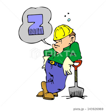 vector illustration of a man worker sleeping and leaning on a shovel in cartoon style 143926969