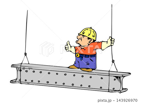 vector illustration of a man worker riding steel hoist in cartoon style vector illustration of a man worker riding steel hoist in cartoon style 143926970