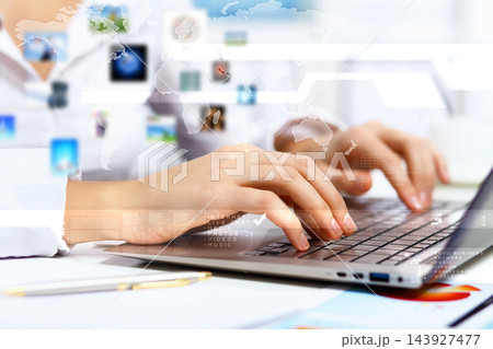 Global Business Technology Concept with Hands Typing on Laptop Global Business Technology Concept with Hands Typing on Laptop 143927477