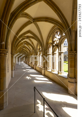 Gothic cloister corridor with rib vaults at Trier Cathedral, Germany 143927793
