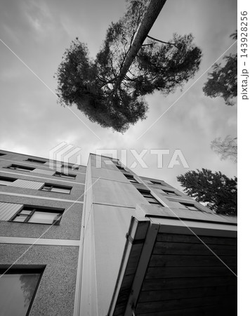 Monochrome upward view of modern building facade and trees beneath cloudy sky Monochrome upward view of modern building facade and trees beneath cloudy sky 143928256