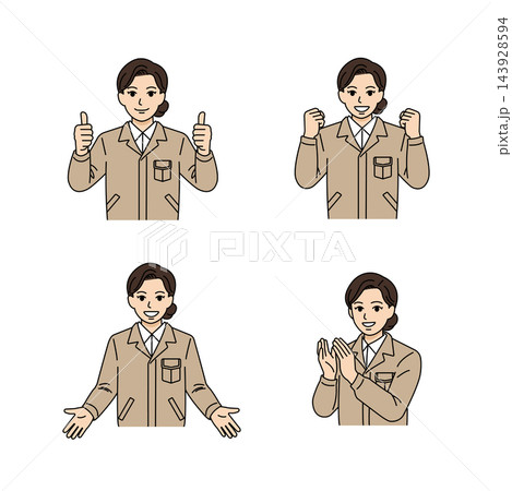 歓迎や応援などの感情表現に使えるベージュ作業着女性上司のポーズイラスト4点セット 143928594