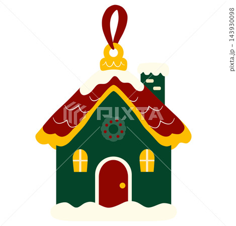 Festive Gingerbread House Christmas Ornament with Snow Covered Roof on Dark Green Background Festive Gingerbread House Christmas Ornament with Snow Covered Roof on Dark Green Background 143930098