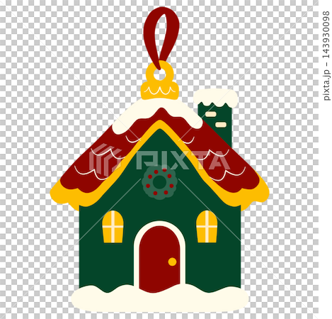 Festive Gingerbread House Christmas Ornament with Snow Covered Roof on Dark Green Background Festive Gingerbread House Christmas Ornament with Snow Covered Roof on Dark Green Background 143930098