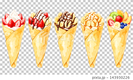 クレープの定番フレーバー水彩風イラストセット(チョコバナナ、いちご、キャラメル、フルーツ、スイーツ) クレープの定番フレーバー水彩風イラストセット(チョコバナナ、いちご、キャラメル、フルーツ、スイーツ) 143930226