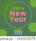 Greeting poster for Happy New Year 2027 with pink lettering and a blue circle on round green shapes. Vector illustration for winter greeting cards, party invitations and social media celebration posts 143933079