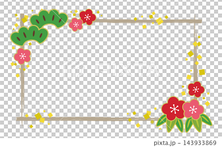 Square Japanese-style frame with hand-drawn brushstrokes featuring pine, bamboo, and plum motifs / Light brown line Square Japanese-style frame with hand-drawn brushstrokes featuring pine, bamboo, and plum motifs / Light brown line 143933869