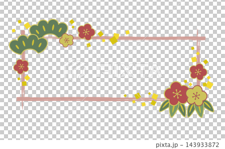 Square Japanese-style frame with hand-drawn brushstrokes featuring pine, bamboo, and plum motifs / Dusty pink 143933872