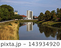 Nitra River with Modern Building Reflection and Tree Lined Banks in Slovakia 143934920