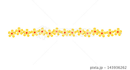 Yellow daisy flower border with red centers and a wavy stem, for spring decorations, floral frames, invitations, banners, and decorative designs. Yellow daisy flower border with red centers and a wavy stem, for spring decorations, floral frames, invitations, banners, and decorative designs. 143936262