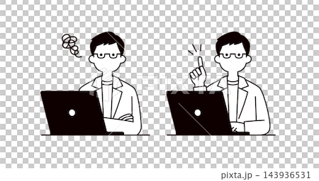 困ったポーズと問題が解決したポーズの、パソコンで仕事をする男性の上半身ベクターイラスト素材セット 困ったポーズと問題が解決したポーズの、パソコンで仕事をする男性の上半身ベクターイラスト素材セット 143936531