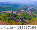 11月中旬の花矢倉展望台から色とりどりの紅葉に囲まれた吉野山のパノラマと蔵王堂の屋根を望む秋風景 143937166