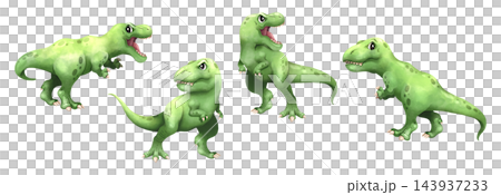 Watercolor tyrannosaurus rex dinosaur cartoon characters set, featuring cute green T-Rex with roaring and running poses for kids design. Transparent background illustration. Watercolor tyrannosaurus rex dinosaur cartoon characters set, featuring cute green T-Rex with roaring and running poses for kids design. Transparent background illustration. 143937233