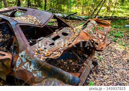 Rusted remains of an abandoned vintage car decaying in a deep forest, weathered metal skeleton covered with fallen autumn leaves nestled in a wild overgrown woodland environment Rusted remains of an abandoned vintage car decaying in a deep forest, weathered metal skeleton covered with fallen autumn leaves nestled in a wild overgrown woodland environment 143937825