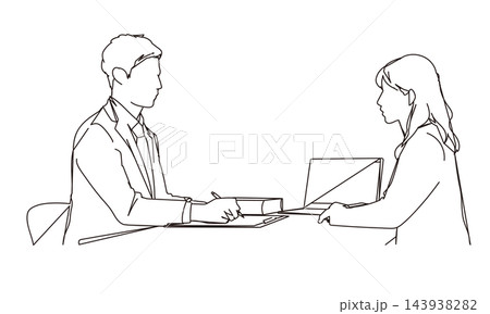 スーツの男性プランナーと説明を受ける女性のシンプルイラスト スーツの男性プランナーと説明を受ける女性のシンプルイラスト 143938282