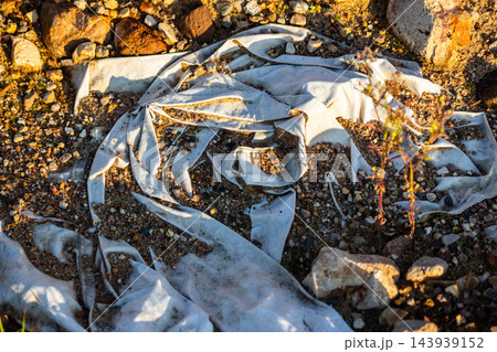 Discarded white cloth lying on rocky sandy ground outdoors, representing environmental pollution and human impact on nature, close-up top view of dirty textile waste in a wild landscape Discarded white cloth lying on rocky sandy ground outdoors, representing environmental pollution and human impact on nature, close-up top view of dirty textile waste in a wild landscape 143939152