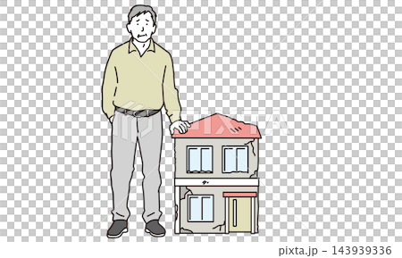 插圖描繪了一位中年男子正在費力地修繕他破舊的房子。 插圖描繪了一位中年男子正在費力地修繕他破舊的房子。 143939336
