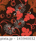 Decorative seamless floral pattern featuring bold red blossoms, white daisy like flowers, brown foliage and curling stems on dark background, suited for fabric, wallpaper and packaging. 143940032
