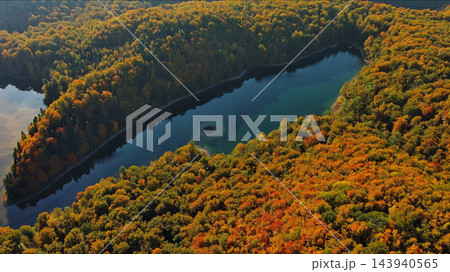 Biogradsko lake surrounded by mountains covered with bright autumn trees 143940565