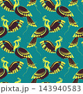Repeating bird motif with bold graphic feathers, curved wings and abstract shapes on teal background, designed for textile prints, wallpaper, packaging, stationery and other decorative surfaces. 143940583