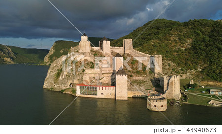Golubac medieval fortress on cliff Danube river 143940673