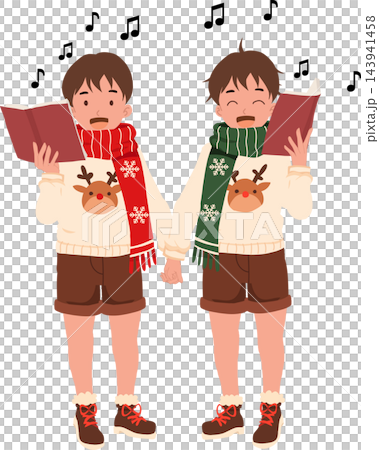Christmas Carolers Cute Cartoon Boys Holding Hands and Singing from Red Songbooks Wearing Winter Scarves and Reindeer Sweaters Holiday Illustration Christmas Carolers Cute Cartoon Boys Holding Hands and Singing from Red Songbooks Wearing Winter Scarves and Reindeer Sweaters Holiday Illustration 143941458