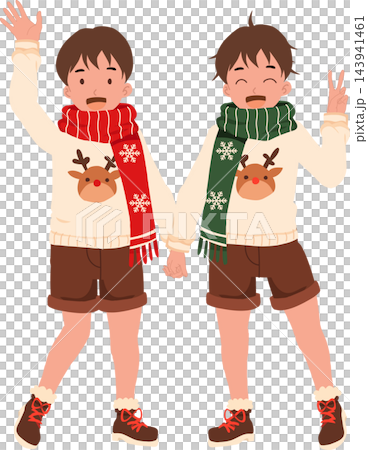 Christmas Kids Cartoon Illustration of Two Cheerful Boys in Matching Reindeer Sweaters and Colorful Winter Scarves Waving and Smiling Together 143941461