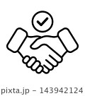 Handshake with check mark icon symbolizing successful deal agreement, cooperation, trust, partnership, success, approval, contract, business Handshake with check mark icon symbolizing successful deal agreement, cooperation, trust, partnership, success, approval, contract, business 143942124