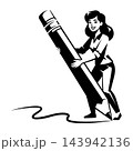 Woman holding large pencil drawing line art illustration Woman holding large pencil drawing line art illustration 143942136