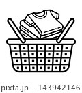 Laundry basket with folded clothes, black outline vector, washing symbol Laundry basket with folded clothes, black outline vector, washing symbol 143942146