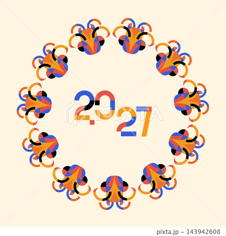 Year of the Goat 2027 Chinese New Year geometric abstract vector circular wreath design Year of the Goat 2027 Chinese New Year geometric abstract vector circular wreath design 143942608