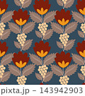 Repeating decorative floral pattern with stylized red blossoms, warm yellow centers, beige leaves, and peach berry clusters on deep blue background, suited for textile prints, wrapping paper 143942903