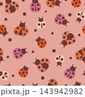 Seamless ladybug pattern with colorful cartoon insects on a pink background 143942982