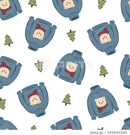 Seamless vector pattern with Christmas sweaters featuring teddy bears and fir trees 143943309