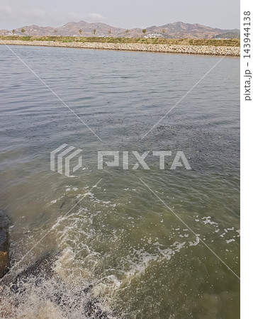 A school of fish clusters at the water surface while a small waterfall pours into the valley 143944138