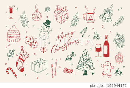 季節素材:手書きのクリスマスイラストセット 季節素材:手書きのクリスマスイラストセット 143944173