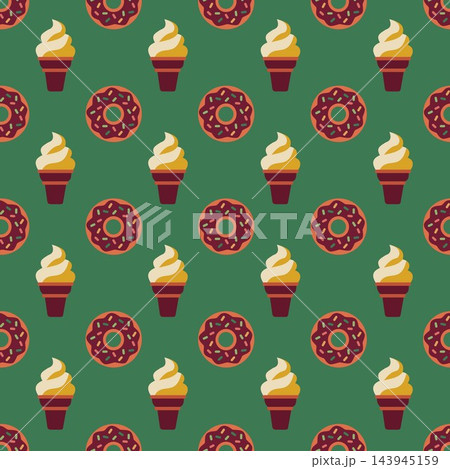 A sweet retro dessert seamless pattern featuring soft serve ice cream cones and chocolate donuts on a green backdrop. A sweet retro dessert seamless pattern featuring soft serve ice cream cones and chocolate donuts on a green backdrop. 143945159
