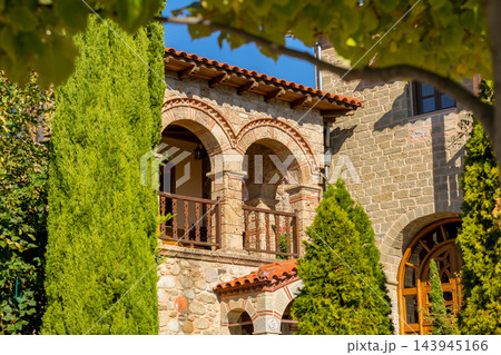Meteora Greece Varlaam Monastery traditional stone architecture with arches 143945166