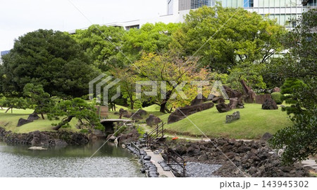 旧芝離宮恩賜庭園の枯滝と心字池の石組み 旧芝離宮恩賜庭園の枯滝と心字池の石組み 143945302
