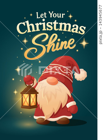 Christmas greeting card featuring a cute gnome in a red hat holding 143945677