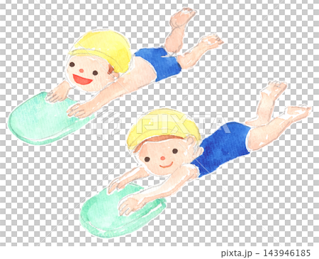 水彩插畫,描繪了一個孩子帶著踢水板游泳的場景。 水彩插畫,描繪了一個孩子帶著踢水板游泳的場景。 143946185